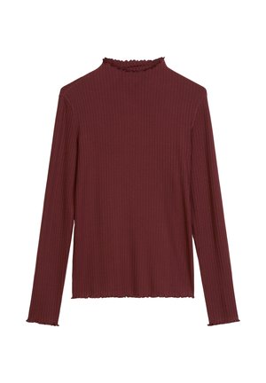 Burgunderfarbener Langarmtop mit gerippter Textur, hochgeschlossen und mit Rüschensaum am Kragen und an den Ärmeln. Schlichtes, figurbetontes Design.