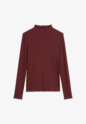 Bordowy top z długim rękawem o prążkowanej fakturze, wysokim kołnierzu i falbanie przy dekolcie i mankietach. Prosty, dopasowany krój.