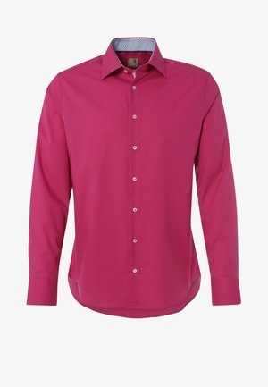 Langarmig magenta overhemd met knopen, puntige kraag en patroon in de binnenkant van de kraag, weergegeven op een effen witte achtergrond.