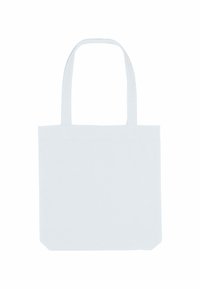 Eenvoudige witte katoenen tote bag met twee hengsels, rechthoekige vorm, platte bodem en geen zichtbare logo's of ontwerpen.