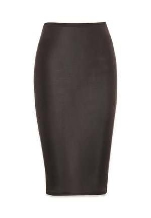 Mustmust värvi kõrge vöökoht, kitsas lõige ja põlve pikkus, valmistatud siledast kangast, esitatud valgel taustal.