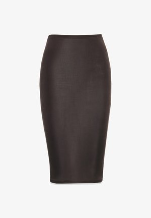 Juoda aukštai juosmeninė pieštuko sijonas su siauru prigludimu ir kelio ilgio apdaila, pagamintas iš lygios medžiagos, eksponuojamas ant baltos fono.