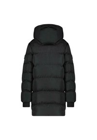 Zwarte donsjack met een capuchon, voorzien van een quiltpatroon, lange mouwen en elastische manchetbanden. Glad materiaal en een design tot op de knie.