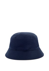 Navyblauwe emmerhoed van katoen met een ronde kroon en een brede, naar beneden hellende rand. Heeft zichtbare stiksels langs de rand.