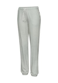 Hellegrau gestreifte Hose mit einem elastischen Bund und Kordelzug. Verfügt über Taschen und schmal zulaufende Bündchen an den Knöcheln.