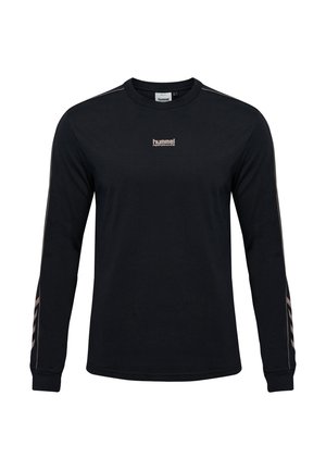 Zwart shirt met lange mouwen en ronde hals, met het "hummel PERFORMANCE"-logo op de borst en beige chevronstrepen op de onderarmen en schouders.