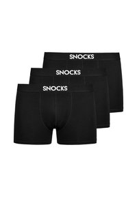 Three black men's boxer briefs stacked, each with a white "SNOCKS" logo on the waistband, front seam visible, plain background.