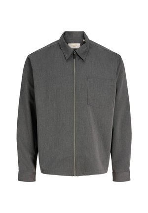 Gray zip-up jacket with a pointed collar, long sleeves, a chest pocket, and smooth texture. Features a subtle woven pattern.