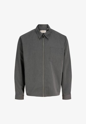 Gray zip-up jacket with a pointed collar, long sleeves, a chest pocket, and smooth texture. Features a subtle woven pattern.