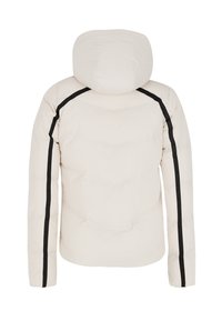 Beige pufferjakke med hætte. Sorte striber langs skuldre og ærmer. Har en kviltet tekstur og en rund kant.