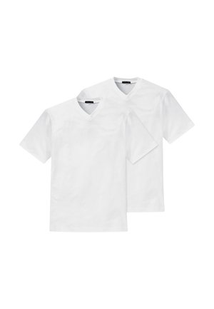 Two plain white V-neck short-sleeve T-shirts overlapping on a white background.