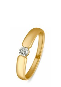 Goldring mit einem glatten, runden Band, das einen einzelnen runden Diamanten hat, der in einer Vertiefung in der Mitte gesetzt ist. Polierte Oberfläche, modernes Design.