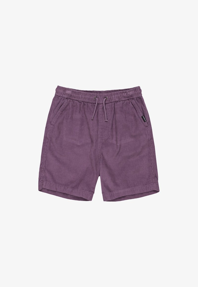 Fialové kordurové šortky s elastickým pásom, nastaviteľnou šnúrkou a bočnými vreckami; textúrovaný povrch s vertikálnymi pruhmi.