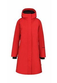 Cappotto impermeabile rosso con un ampio cappuccio, maniche lunghe e taglio dritto. Presenta polsini neri e una chiusura frontale con zip.