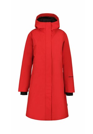 Rote wasserdichte Jacke mit großer Kapuze, langen Ärmeln und geradem Schnitt. Verfügt über schwarze Bündchen und einen Reißverschluss vorne.