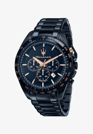 Maserati chronograafhorloge met een zwarte roestvrijstalen kast en armband, blauwe wijzerplaat met roségouden accenten en drie subdials.