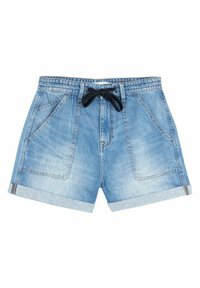 Farkkushortsit vaaleansinisinä, joissa on joustava vyötärönauha ja musta nauha, edessä taskut ja käännetyt lahkeet rentoa tyyli�ä varten.