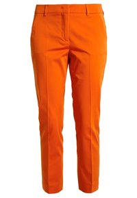 Pantaloni in cotone arancione con vestibilità sartoriale, design a gamba dritta e frontale piatto. Presentano passanti per cintura e una texture liscia.