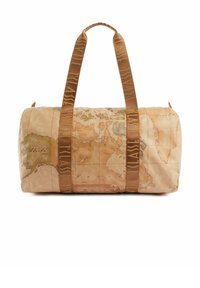 Borsa a sacco con stampa di mappa vintage in colori sabbia e marrone, caratterizzata da una texture liscia e tracolle intrecciate con dettagli a motivo.