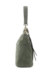 Olivgrünene Wildlederhandtasche mit oberem Reißverschluss, abnehmbarem Handgelenkriemen, goldfarbenen Beschlägen und seitlichem Reißverschlussfach, von der Seite gezeigt.