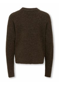 Brązowy sweter dziany z okrągłym dekoltem, długimi rękawami i teksturowanym wykończeniem. Brak widocznych guzików lub elementów metalowych. Klasyczna, przytulna sylwetka.