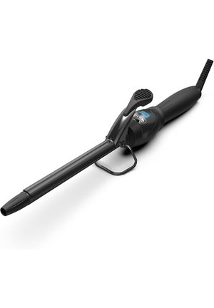 Black electric curling iron with long cylindrical barrel, ergonomic handle, clamp lever, and power cord attached at the end.