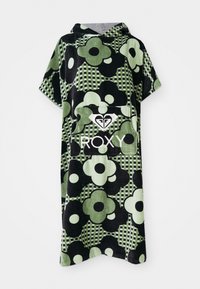 Vihreä ja musta kuvioitu poncho-pyyhe, jossa on kukkakuvio, huppu ja etutasku. Sisältää "ROXY"-logon valkoisena. Pehmeä rakenne.