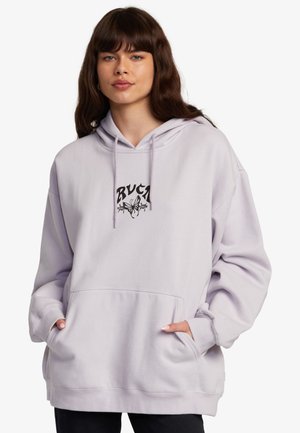 Light purple hooded sweatshirt with front pocket. Features a graphic design in black on the chest. Made of soft fabric, with loose fit and ribbed cuffs.