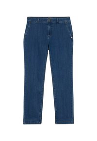 Blauwe denim broek met een rechte pasvorm, vijf zakken en een knoopsluiting bij de taille. De stof heeft een subtiele textuur.