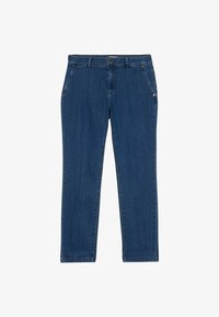 Pantalones de mezclilla azul con corte recto, cinco bolsillos y cierre de botón en la cintura. La tela presenta una textura sutil.