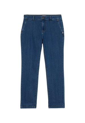 Blauwe denim broek met een rechte pasvorm, vijf zakken en een knoopsluiting bij de taille. De stof heeft een subtiele textuur.