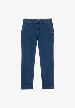Pantalons en denim bleu à coupe droite, avec cinq poches et une fermeture à bouton à la taille. Le tissu présente une texture subtile.