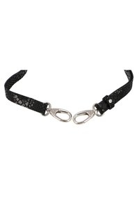 Black faux snake skin belt with a textured finish, featuring two silver metal clasp hooks on either end for attachment.