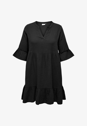 Vestido negro de tela texturizada, con escote en V, mangas de campana y un dobladillo con volantes en capas.