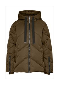 Brązowa ocieplana kurtka z kapturem, kontrastowymi czarnymi sznurkami, skośnym pikowaniem, zamkiem błyskawicznym z przodu oraz zamykanymi na zamek kieszeniami po bokach.