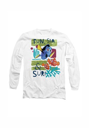 White long-sleeve shirt featuring vibrant, cartoon-like marine characters and text reading "FUN, SEA & SURF" in bold, colorful fonts.