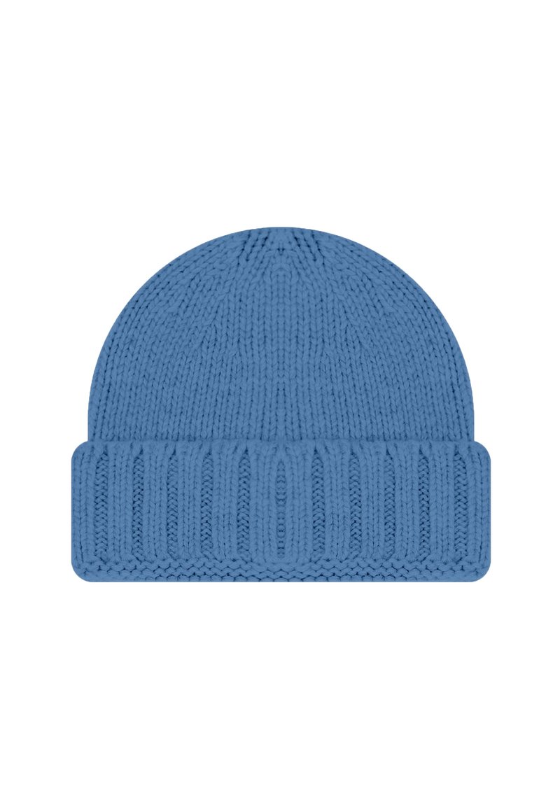 Berretto in maglia blu con bordo a coste; presenta una corona rotonda e un motivo textures, realizzato in un filato morbido e elastico.