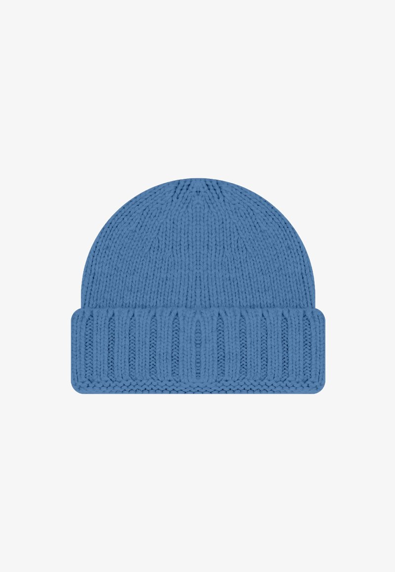 Blauwe gebreide beanie met een geribde bovenrand; heeft een ronde kroon en een textuurpatroon, gemaakt van een zachte, rekbare garen.