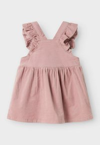 Roosa korduroist kleit rippuvate rihmadega, slim fit kehaosa ja laienev seelik. Sujuv tekstuur, keskmise reie pikkus ja kogutud vöökoht.