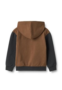 Felpa con cappuccio marrone e nera dal tessuto morbido, con polsini e vita a coste; vista posteriore che mette in evidenza il design a blocchi di colore.