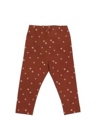Brown pants made from soft fabric, featuring a small paw print pattern in light pink. Elastic waistband for a comfortable fit.