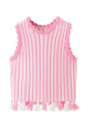 Haut tricoté sans manches rayé rose et blanc avec bords volantés et pompons roses et blancs alternés le long de l’ourlet.