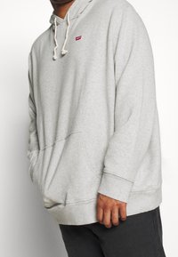 Persona che indossa un hoodie grigio chiaro con cordini e un piccolo logo rosso Levi's sul petto, abbinato a pantaloni scuri.