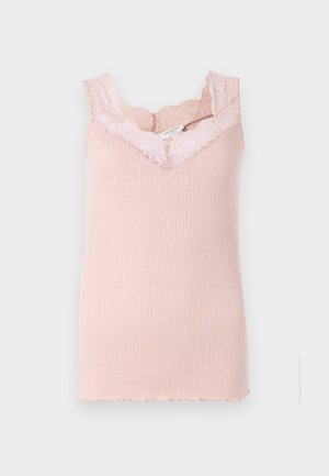Pink ribbed tank top with lace trim around the neckline and armholes. Features a V-neck and scalloped edges at the hem.