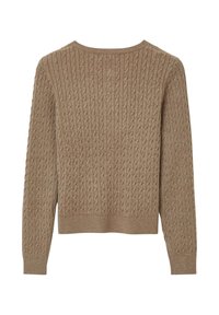 Maglione marrone a coste con scollo rotondo a costine e maniche lunghe, caratterizzato da un motivo strutturato su tutta la superficie e un'orlo leggermente corto.