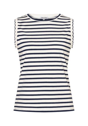 Ärmelloses weißes Top mit marineblauen horizontalen Streifen und wellenförmigen Kanten an den Armlöchern, rundem Ausschnitt, legerer Stil.