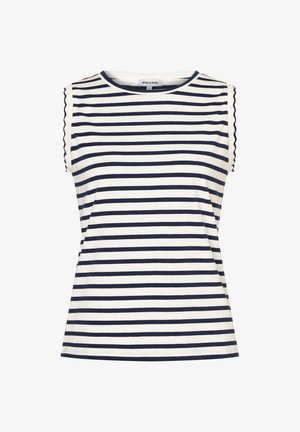 Ärmelloses weißes Top mit marineblauen horizontalen Streifen und wellenförmigen Kanten an den Armlöchern, rundem Ausschnitt, legerer Stil.