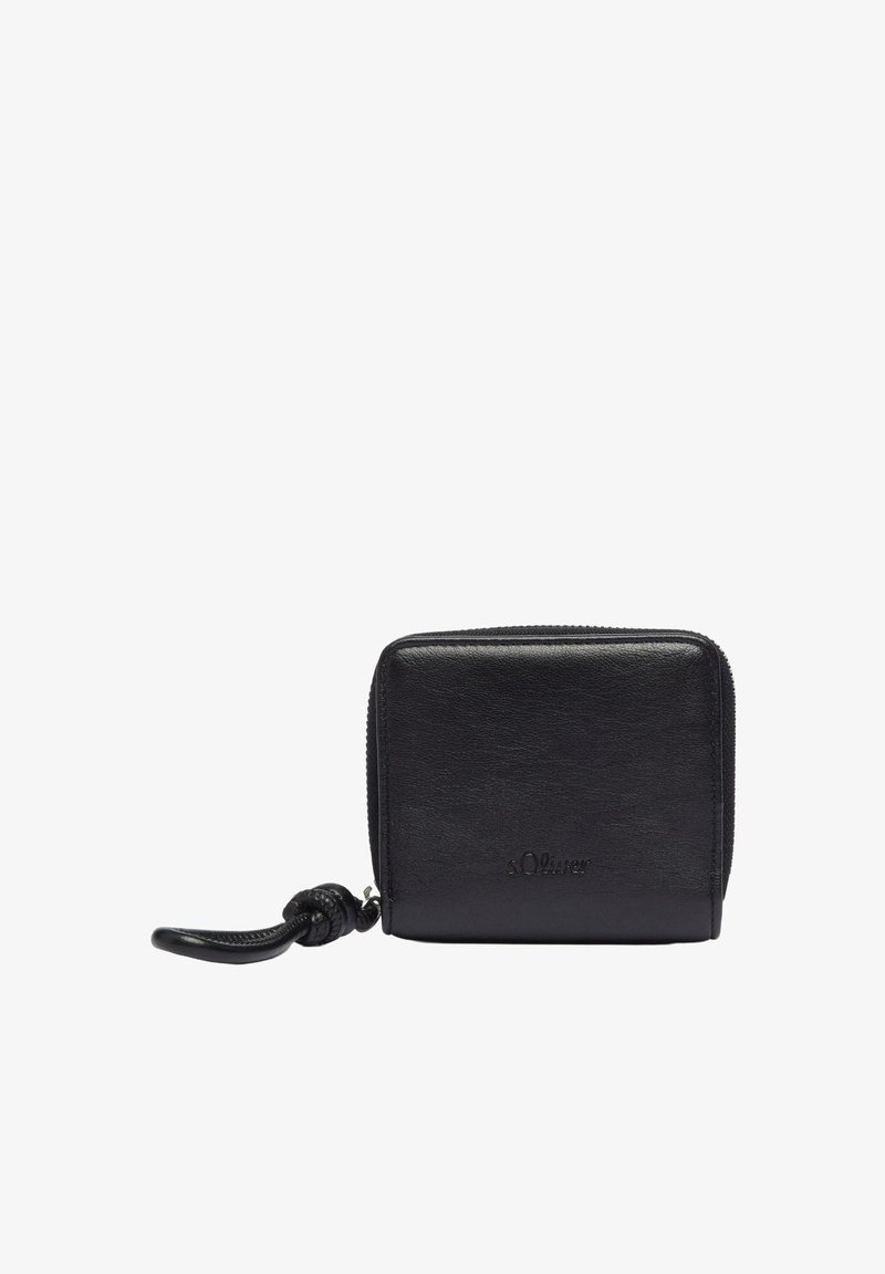 Portefeuille compact en cuir noir avec fermeture éclair et tirette en cuir nouée, embossé du logo « s.Oliver ».