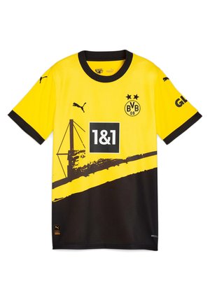 Maillot de football jaune et noir du Borussia Dortmund avec logos Puma, sponsor 1&1 et emblème du club avec deux étoiles sur la poitrine.