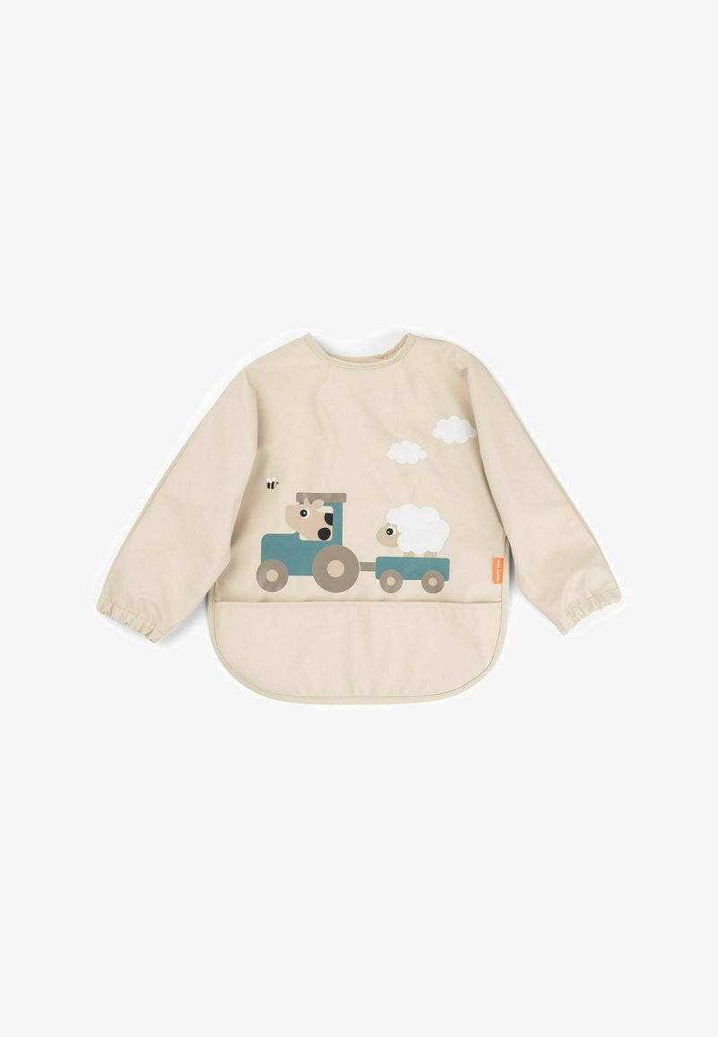 Bež dolg rokav, predpasnik z modrim in sivim dizajnom traktorja spredaj, z ovčko in oblački. Elastični manšeti in ukrivljen spodnji rob.